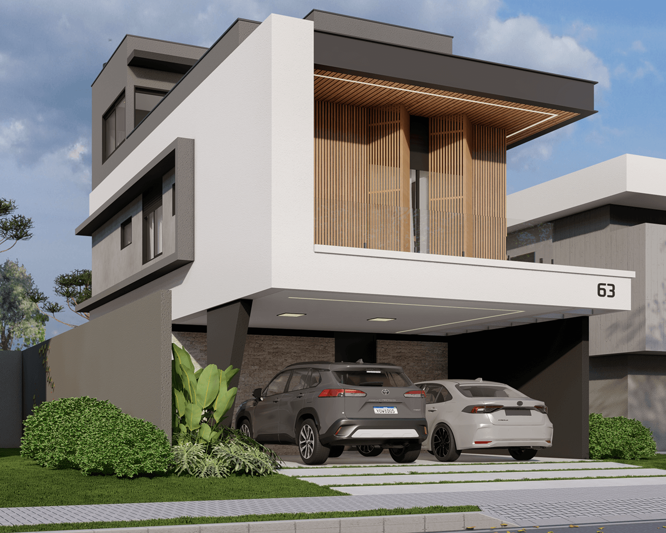 Projeto de casa Alphaspace, chamada Legno. Fachada com tons em cinza e textura de madeira, espaço da garagem.