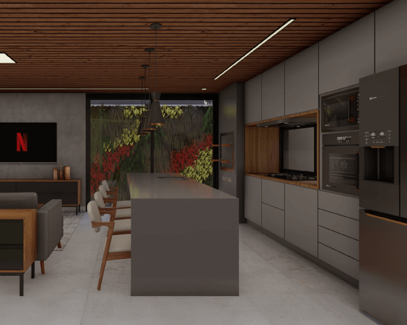 Projeto de casa Alphaspace, chamada Legno. Cozinha montada com ilha, área de churrasqueira, armários. Sala e cozinha são integrados.