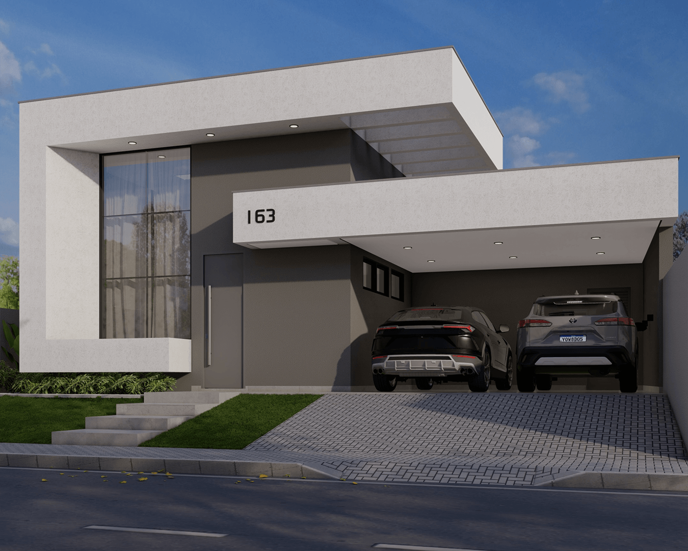 Projeto de casa Alphaspace, chamada Verona. Casa em tons cinza escuro e branco, garagem e modelo retangular.