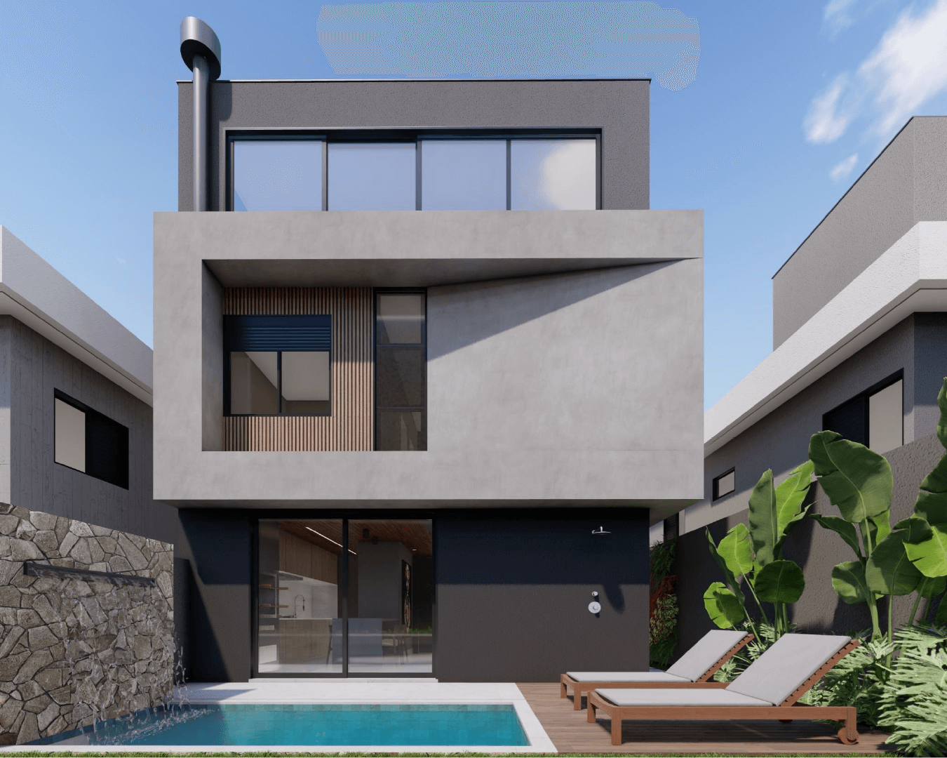 Projeto de casa Alphaspace, chamada Bergamo. Visto do fundo do imóvel com grandes janelas e porta de vidro. Também possui uma piscina.