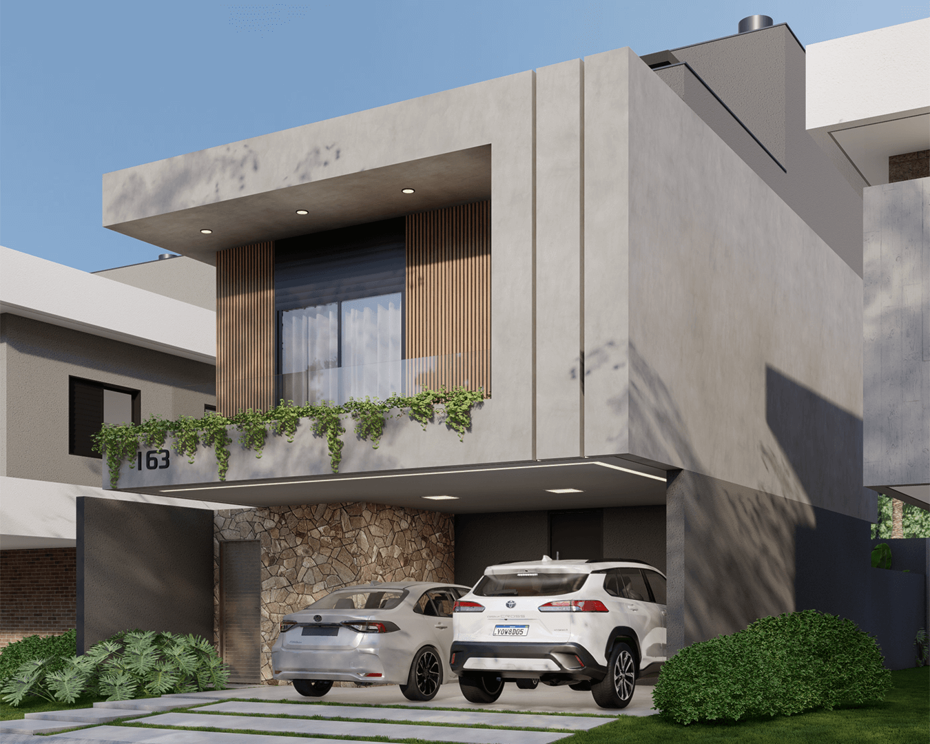 Projeto de casa Alphaspace, chamada Bergamo. Fachada cinza clara com detalhes em madeira e pedras. Também possui garagem.