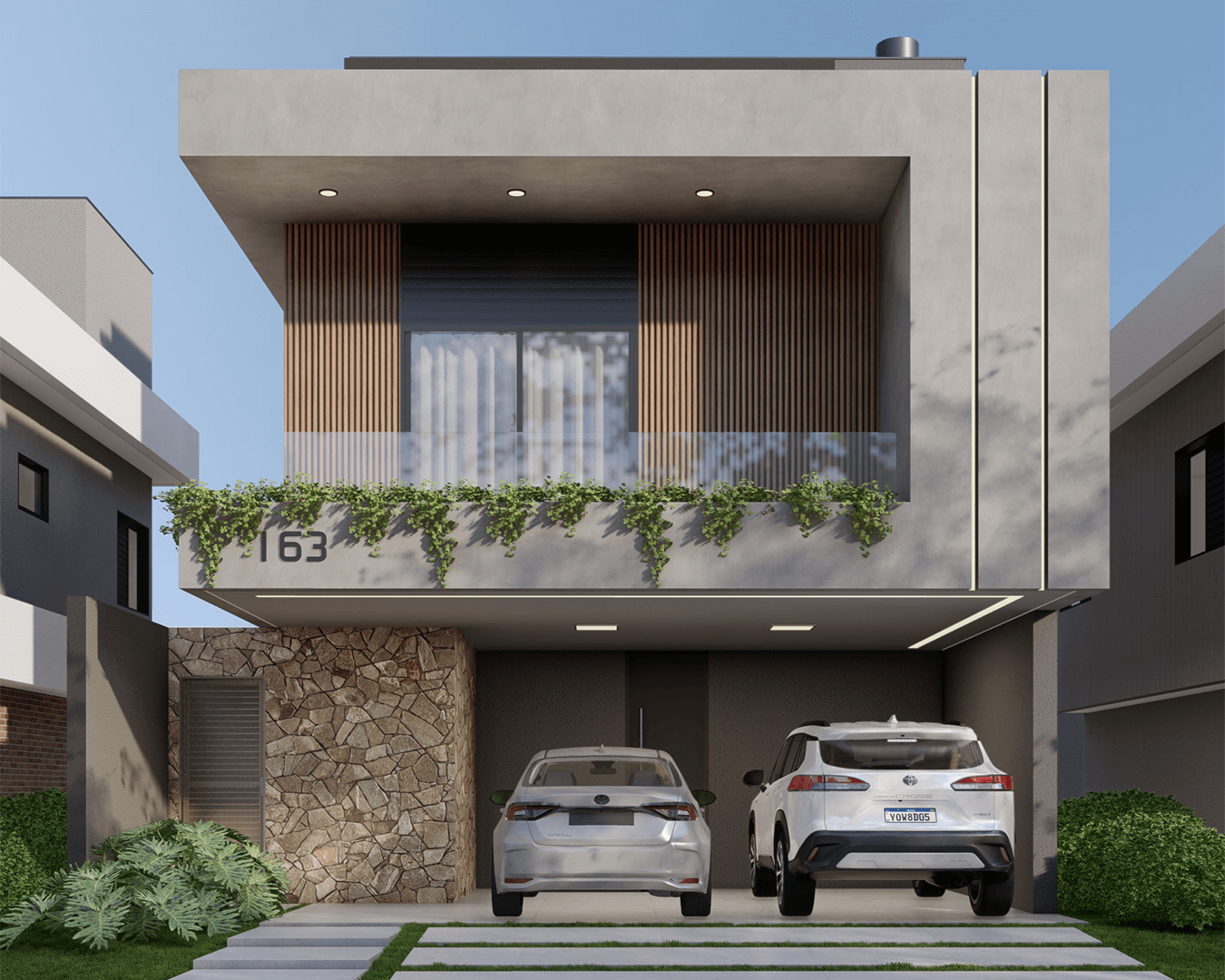 Projeto de casa Alphaspace, chamada Bergamo. Fachada cinza clara com detalhes em madeira e pedras. Também possui garagem.