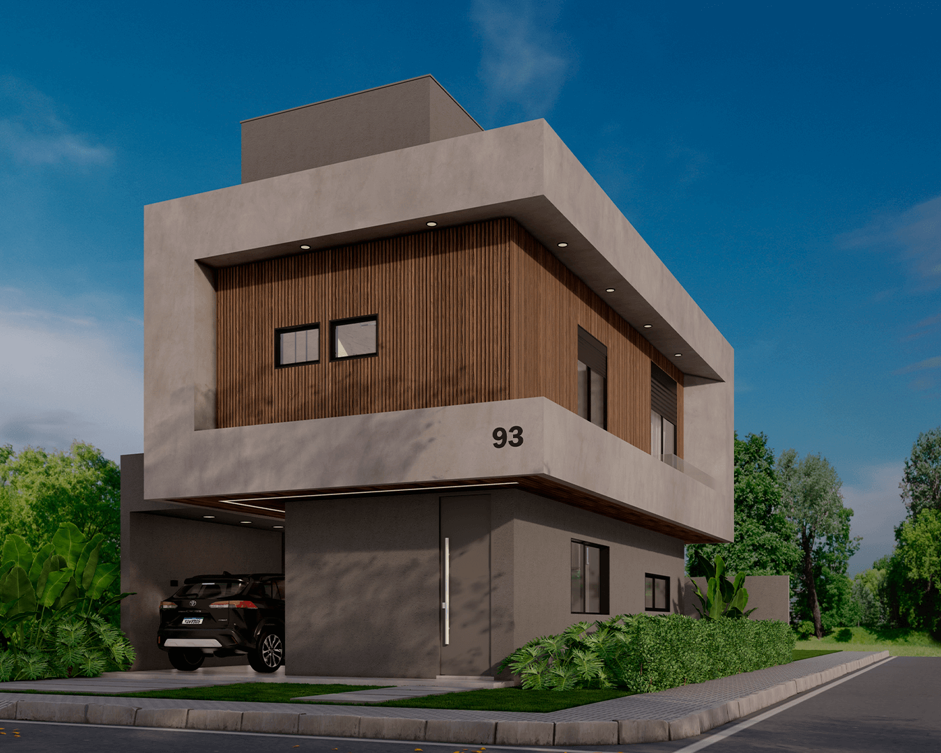 Projeto de casa Alphaspace, chamada Gallopoli. Com textura em madeira, casa em cor cinza com janelas, porta e garagem
