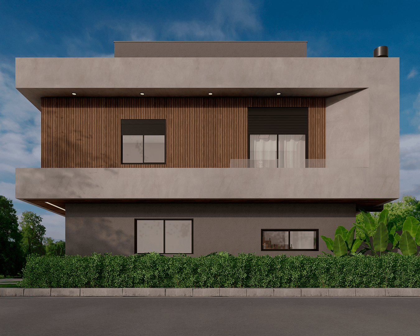 Projeto de casa Alphaspace, chamada Gallopoli. Com textura em madeira, casa em cor cinza com janelas, porta e garagem