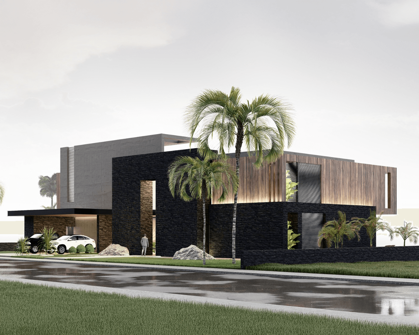 Projeto de casa Alphaspace, chamada La Villa. Fachada em preto com textura de pedras e detalhes em madeira. Casa grande com coqueiros e garagem para carros.