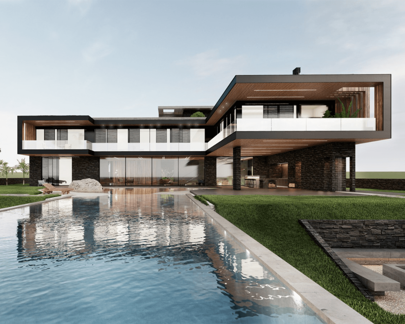 Projeto de casa Alphaspace, chamada La Villa. Fundo da casa com diversas janelas e portas de vidro, mostra a piscina.