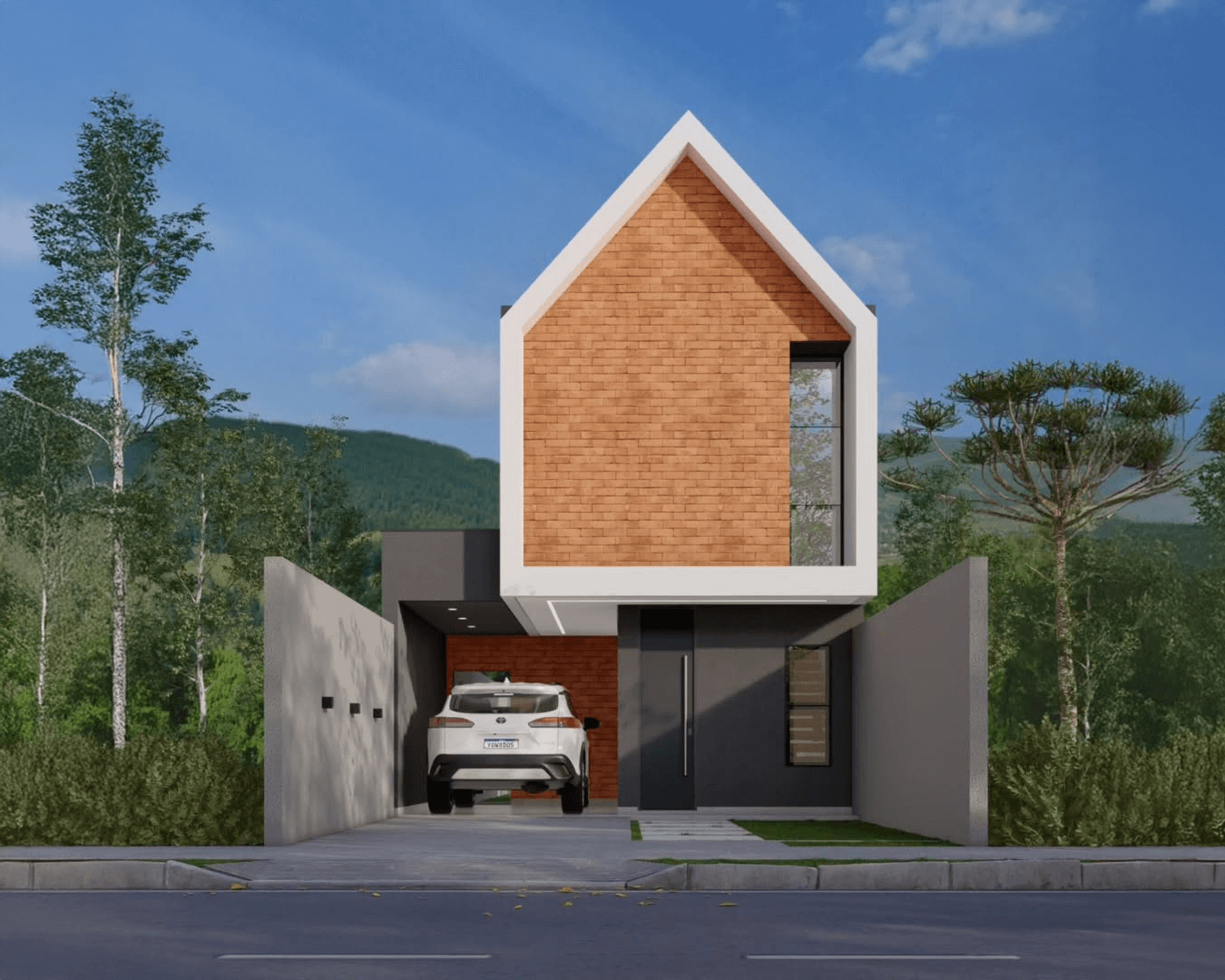 Fachada de casa moderna com telhado em duas águas e revestimento em tijolos aparentes, garagem coberta e carro branco estacionado — projeto residencial contemporâneo cercado pela natureza. Construido por Alphaspace construtora e incorporadora