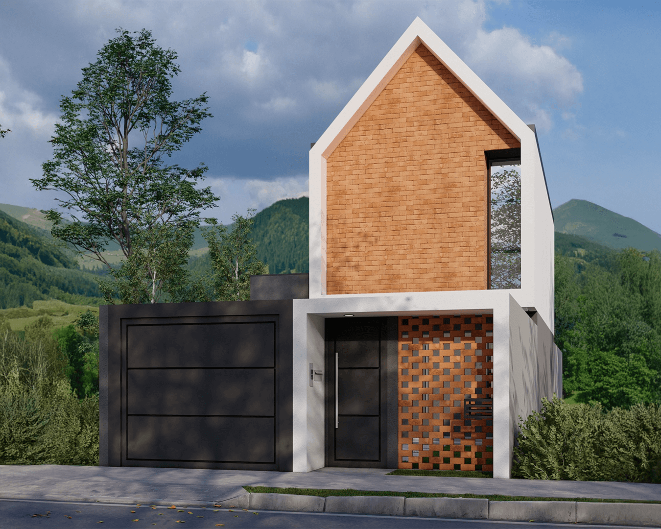 Fachada de casa moderna com telhado em duas águas e revestimento em tijolos aparentes, garagem coberta e carro branco estacionado — projeto residencial contemporâneo cercado pela natureza. Construido por Alphaspace construtora e incorporadora