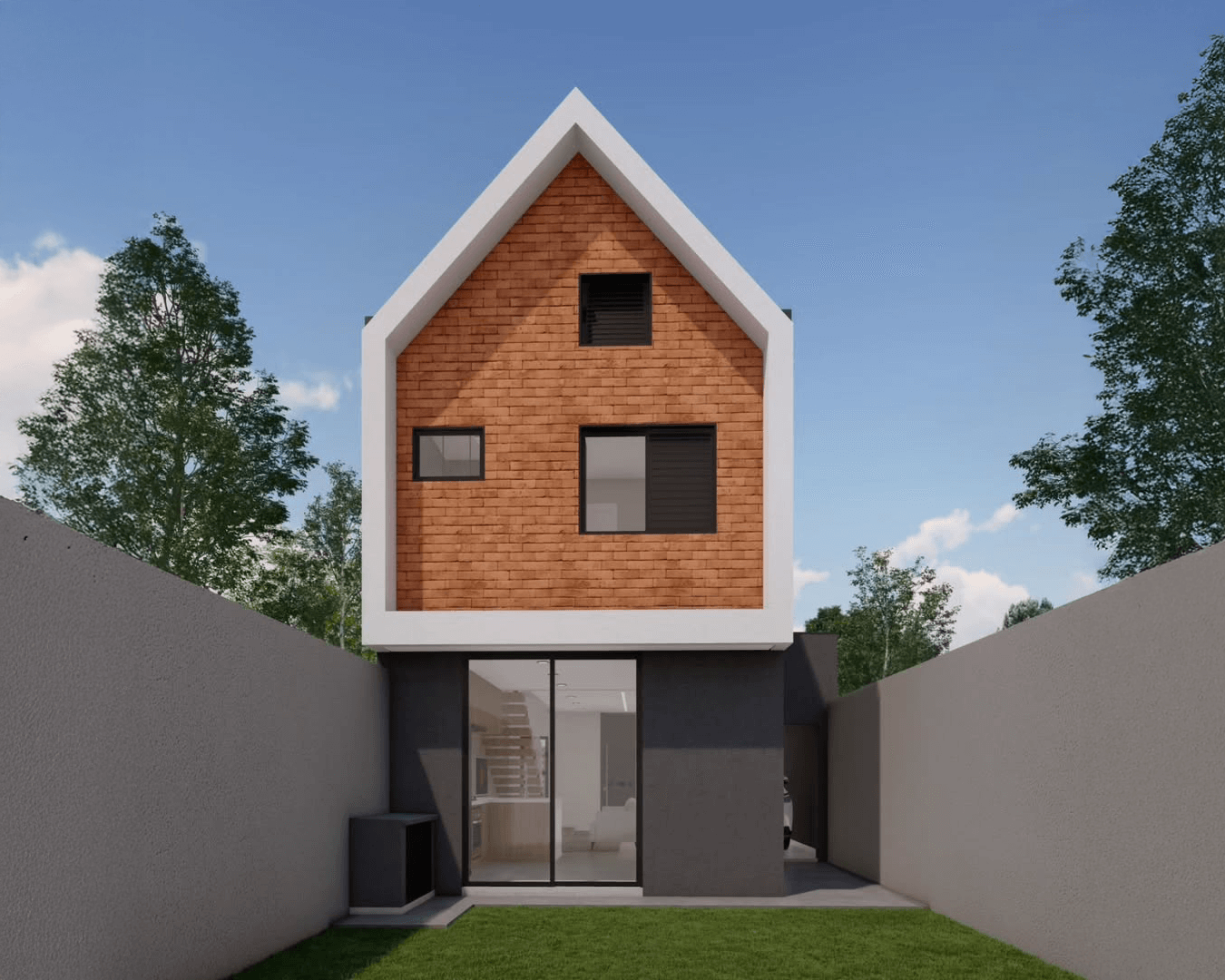 Fachada de casa moderna com telhado em duas águas e revestimento em tijolos aparentes, garagem coberta e carro branco estacionado — projeto residencial contemporâneo cercado pela natureza. Construido por Alphaspace construtora e incorporadora