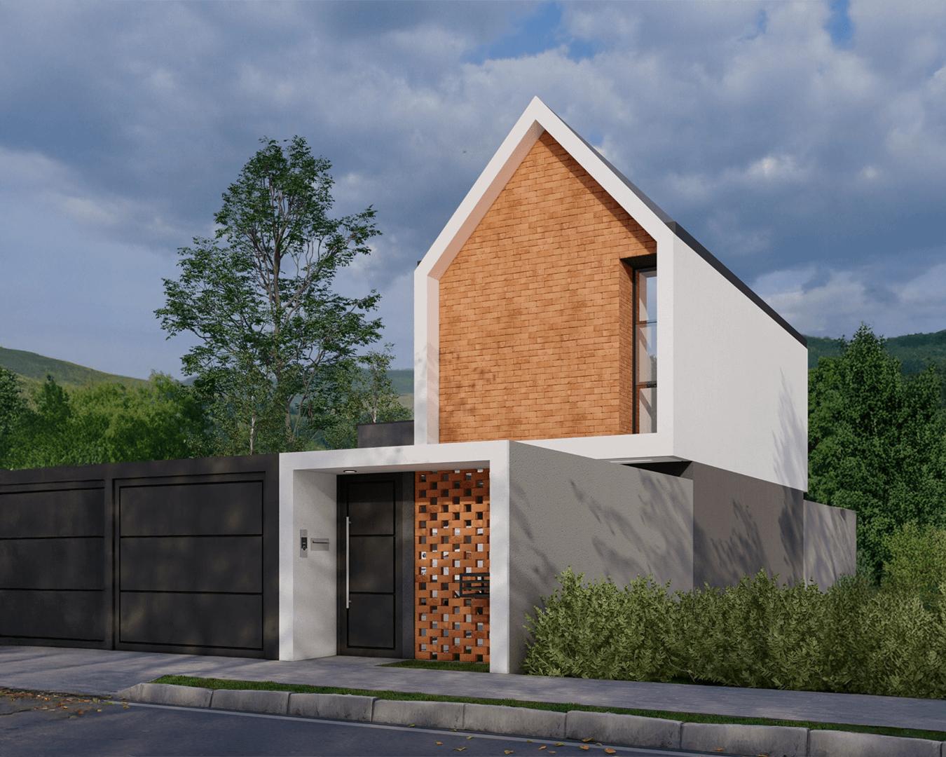 Projeto de casa Alphaspace, chamada Quatro. Fachada de casa moderna com telhado em duas águas e revestimento em tijolos aparentes, garagem coberta e carro branco estacionado — projeto residencial contemporâneo cercado pela natureza. Construido por Alphaspace construtora e incorporadora