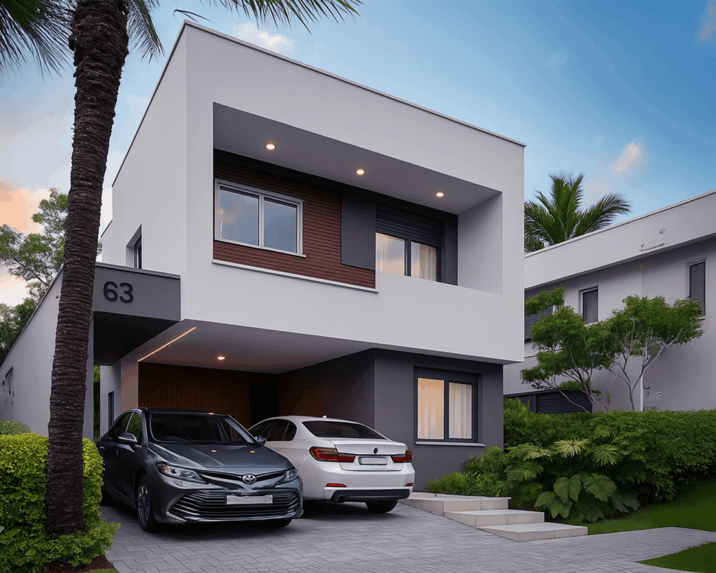 Sobrado branco com detalhes em marrom e cinza, com garagem para dois carros e plantas em volta da Alphaspace contrustora e incorporadora