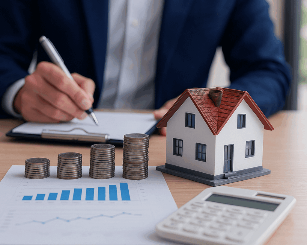 Homem assinando um contrato para investir com a Alphaspace contrustora e incorporadora. Mais a frente tem um papel com gráficos, moedas, calculadora e uma casa em miniatura